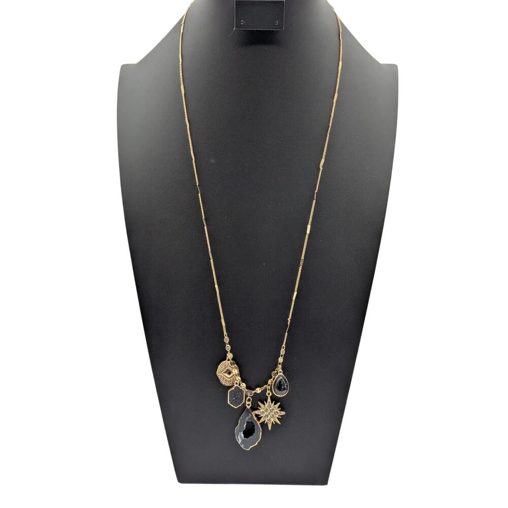 Pull Chain Adjustable 18"-36" Glass & Stone Gold Tone Multi-Charm Necklace